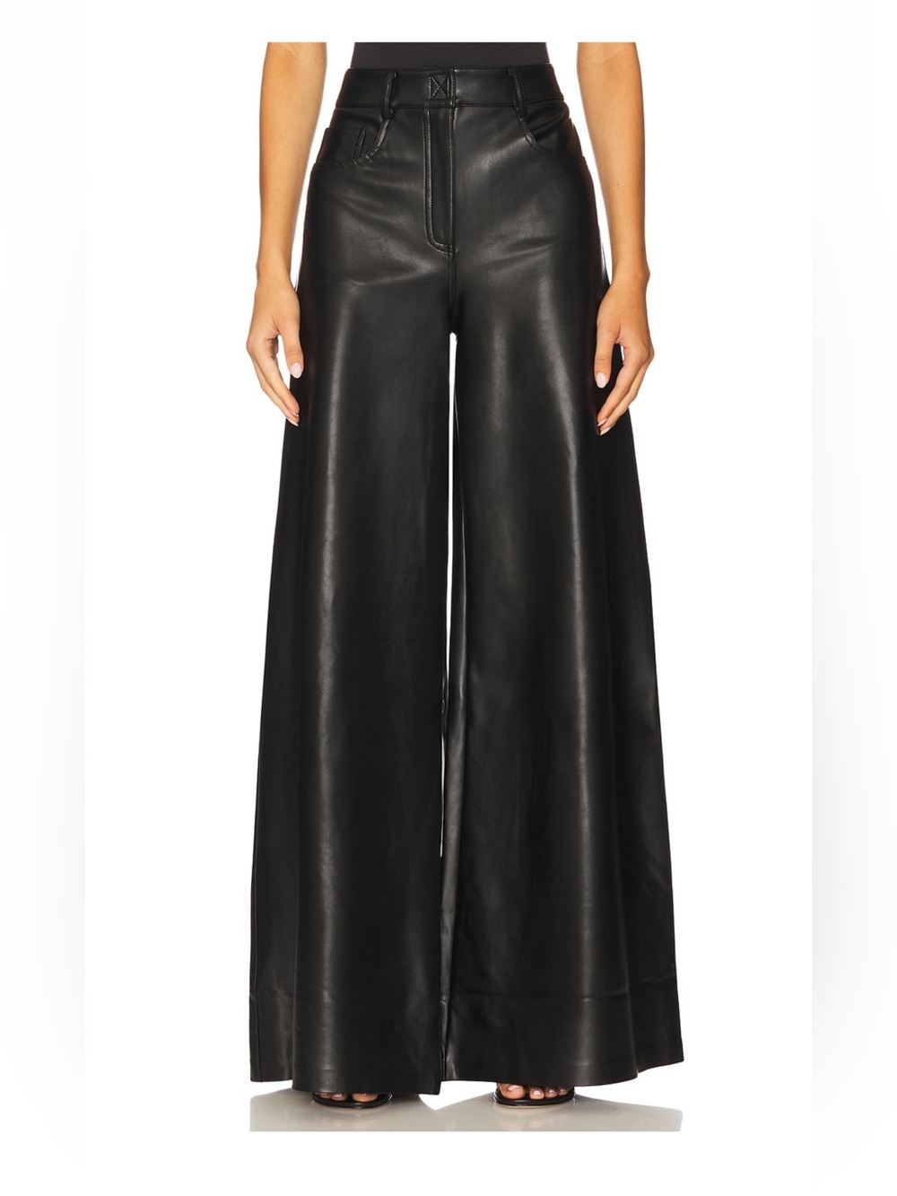 Norma Kamali Black High-Waist Wide Leg Faux Leather Pants